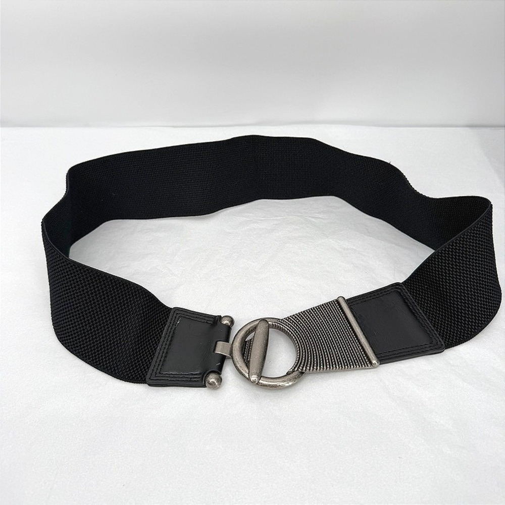 Stretch Cinch Statement Belt Elastic Wide Metal Silver Ring Buckle Waist M/L